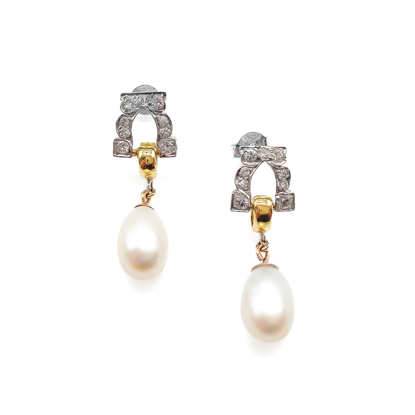 Stunning pair of 18ct white and yellow gold dangling earrings, each set with six small diamonds and a pearl drop.