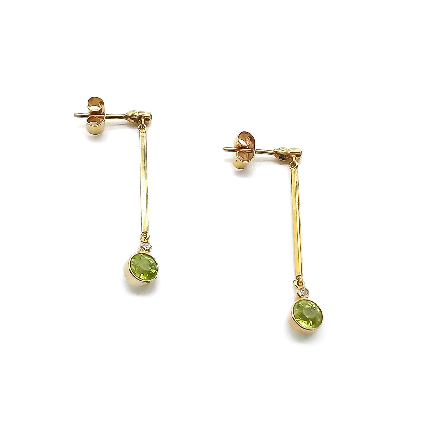 Classic 18ct gold drop earrings, each set with two small diamonds and a beautifully faceted peridot.
