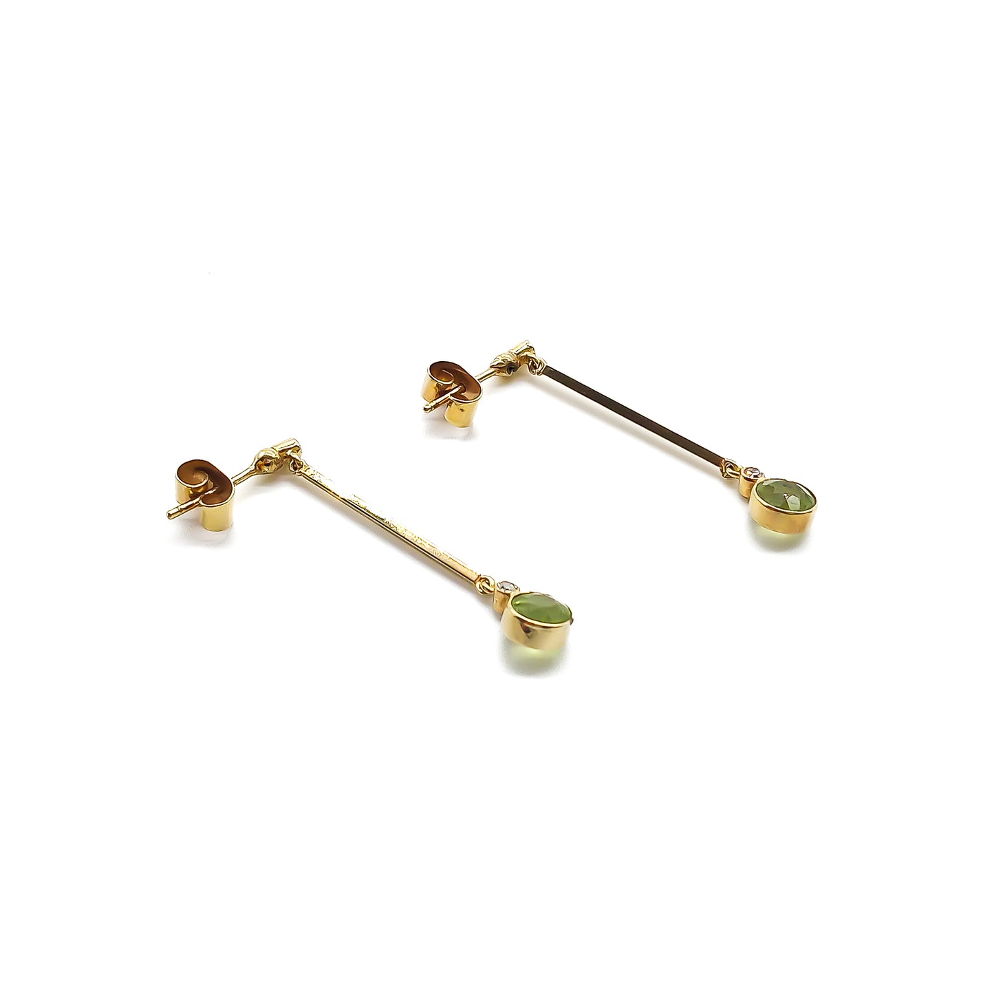 Classic 18ct gold drop earrings, each set with two small diamonds and a beautifully faceted peridot.