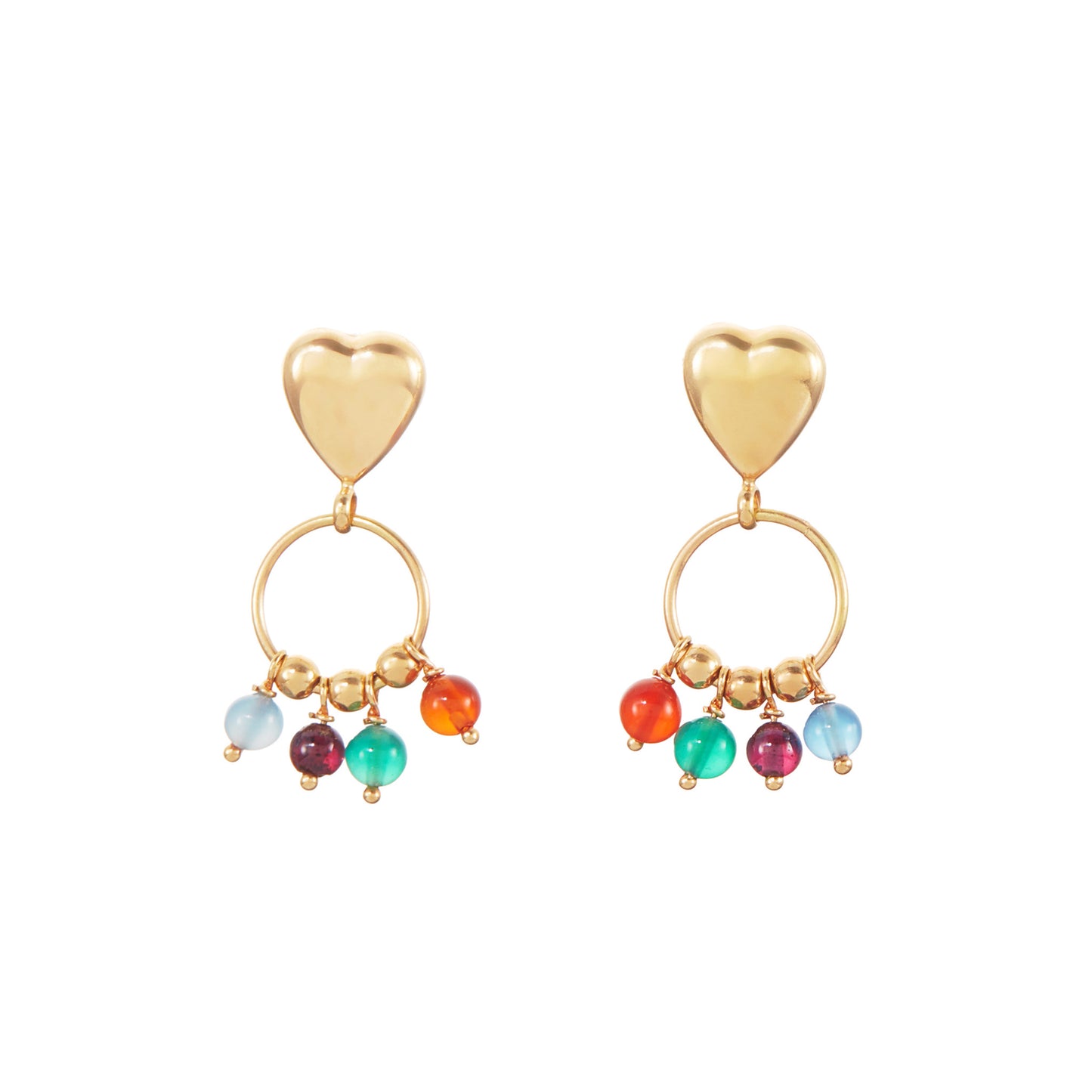 Pretty 18ct yellow gold heart earrings, with colourful gemstones and gold beads dangling from a hoop (garnet, chrysoprase, aquamarine and carnelian).