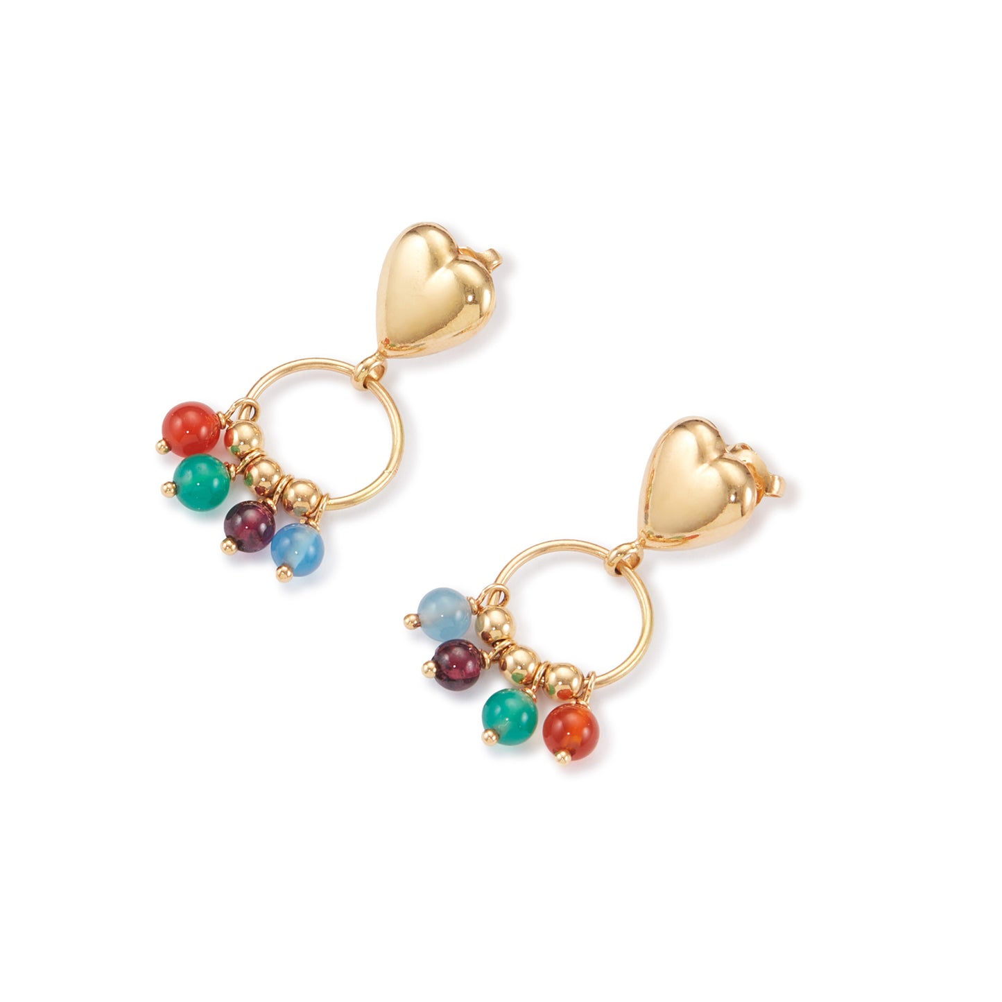 Pretty 18ct yellow gold heart earrings, with colourful gemstones and gold beads dangling from a hoop ( garnet, chrysoprase, aquamarine and carnelian).