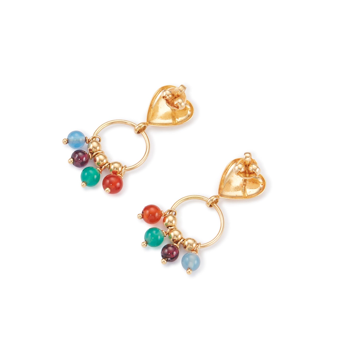 Pretty 18ct yellow gold heart earrings, with colourful gemstones and gold beads dangling from a hoop (garnet, chrysoprase, aquamarine and carnelian).