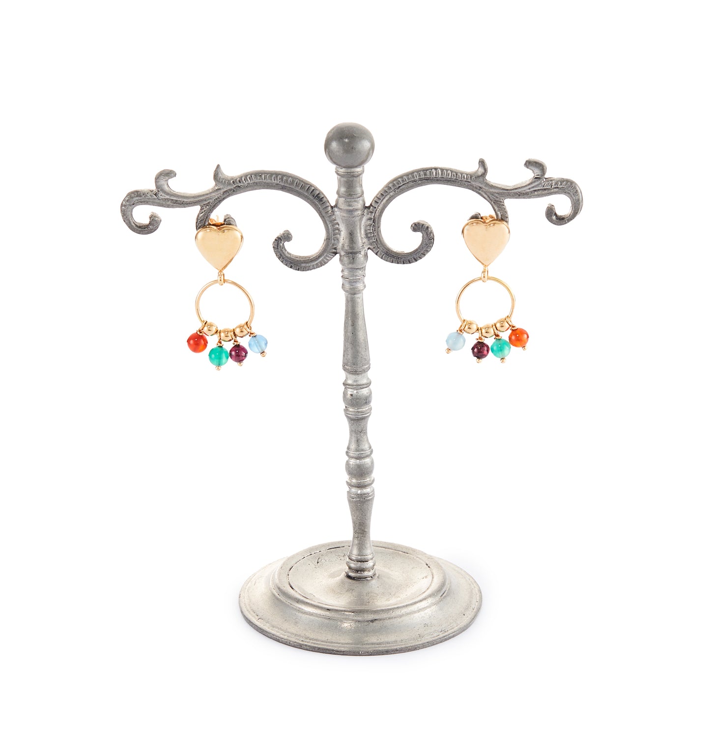 Pretty 18ct yellow gold heart earrings, with colourful gemstones and gold beads dangling from a hoop (garnet, chrysoprase, aquamarine and carnelian).