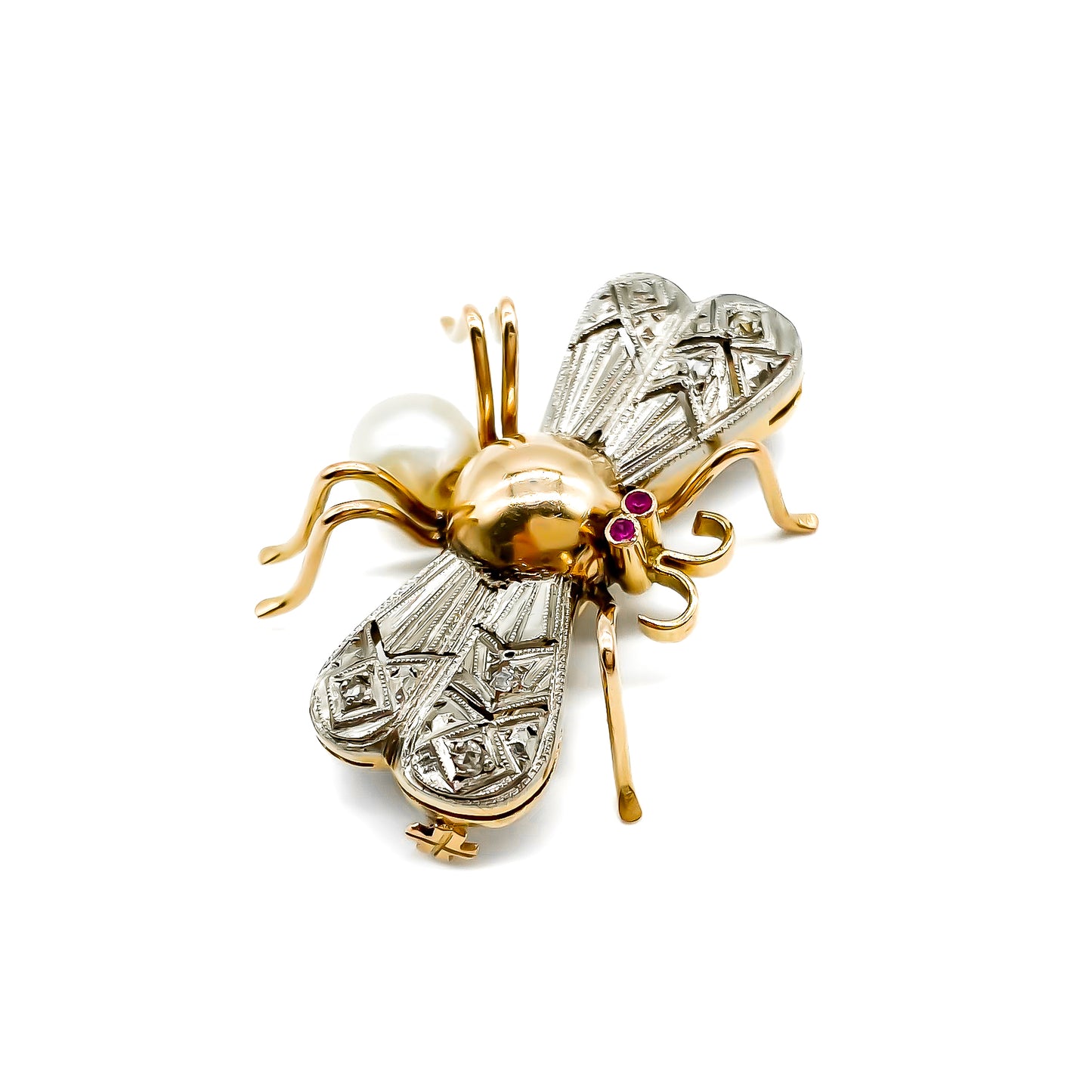 Charming 18ct white and rose gold insect brooch with diamond encrusted wings, ruby eyes and a pearl abdomen.