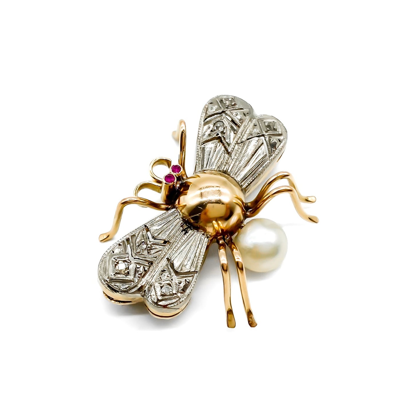 Charming 18ct white and rose gold insect brooch with diamond encrusted wings, ruby eyes and a pearl abdomen.
