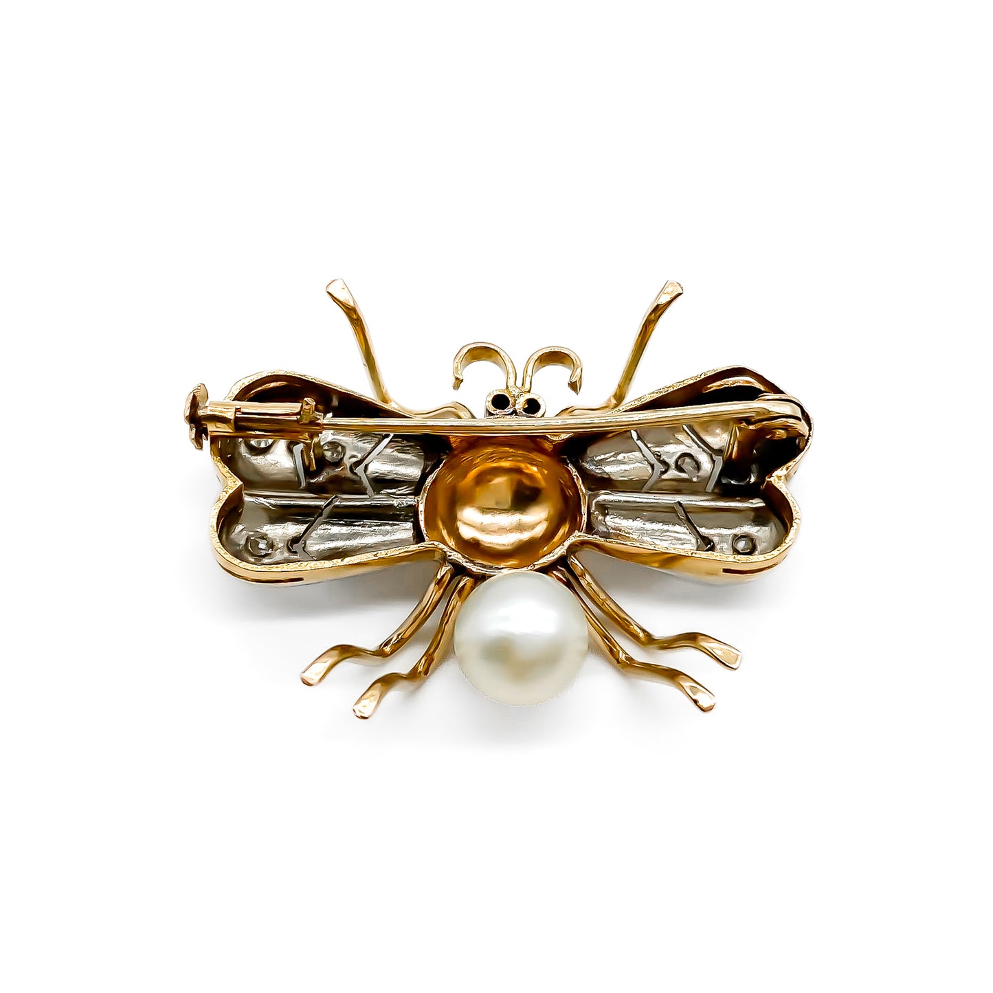 Charming 18ct white and rose gold insect brooch with diamond encrusted wings, ruby eyes and a pearl abdomen.