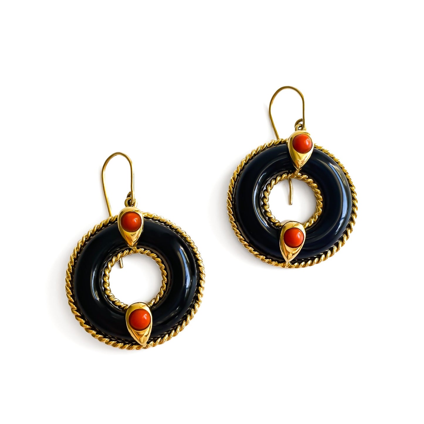 Glamorous large 18ct gold drop earrings, each set with a circular onyx and two Mediterranean coral cabochons. Italy