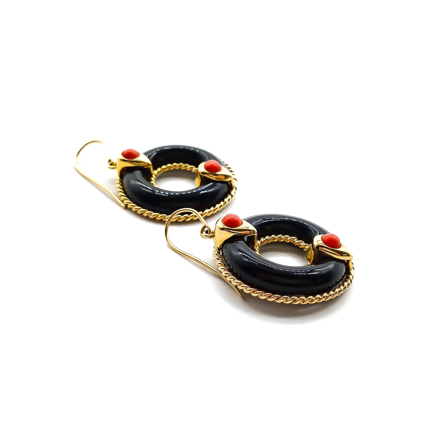 Glamorous large 18ct gold drop earrings, each set with a circular onyx and two Mediterranean coral cabochons. Italy