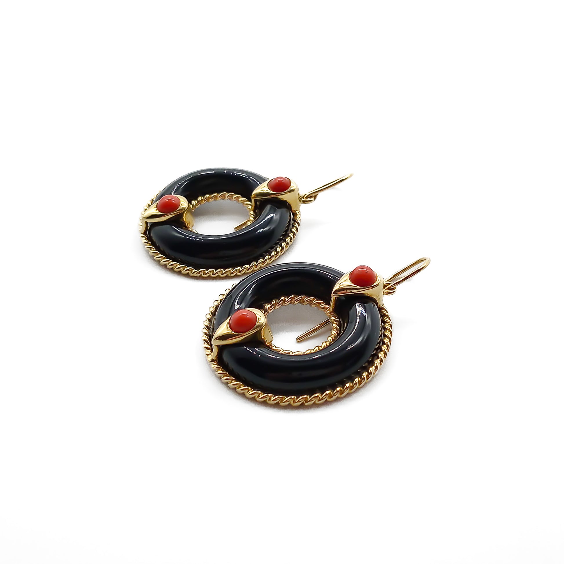 Glamorous large 18ct gold drop earrings, each set with a circular onyx and two Mediterranean coral cabochons. Italy