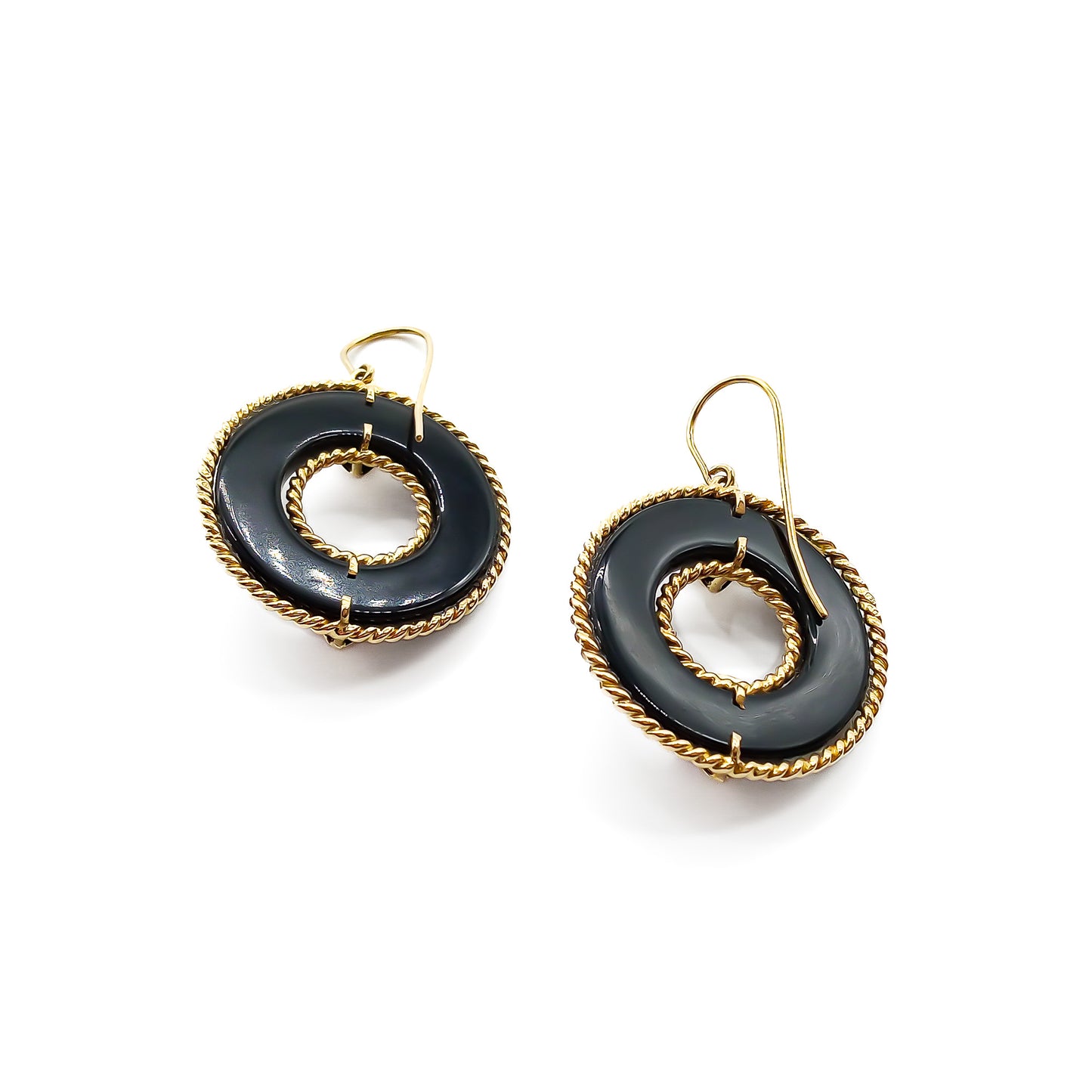 Glamorous large 18ct gold drop earrings, each set with a circular onyx and two Mediterranean coral cabochons. Italy