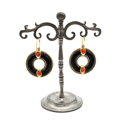 Glamorous large 18ct gold drop earrings, each set with a circular onyx and two Mediterranean coral cabochons. Italy