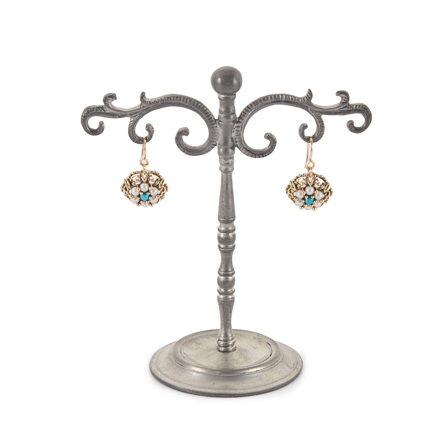 Pretty 18ct yellow gold drop earrings, each set with six lustrous seed pearls and a turquoise stone, arranged in the shape of a flower.