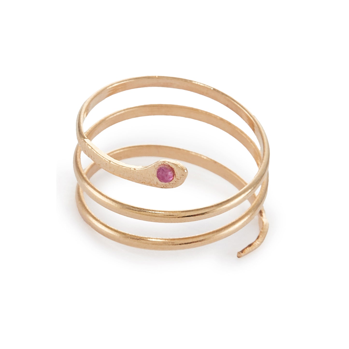 Charming 18ct gold coiling serpent ring set with a small cabochon ruby in the head. Italy