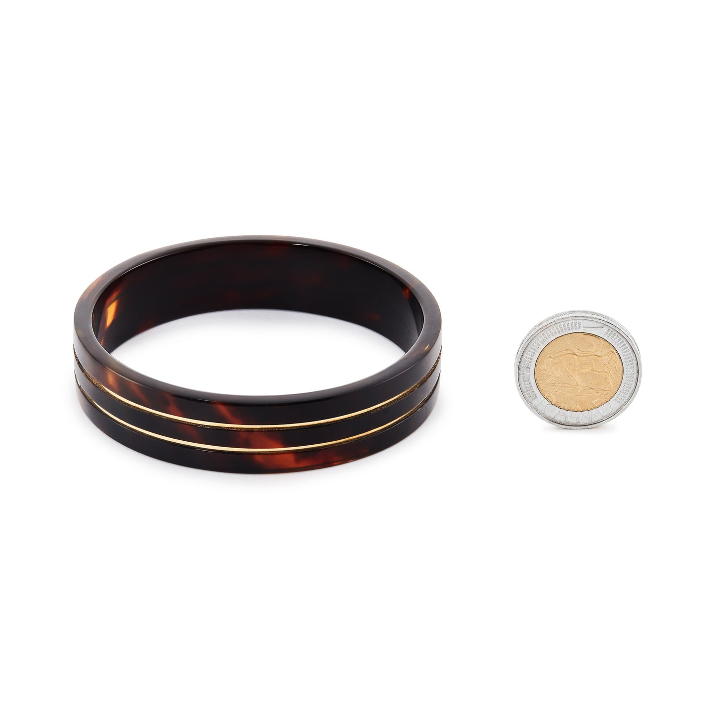 Classic Edwardian tortoise shell bangle with two 18ct gold bands.