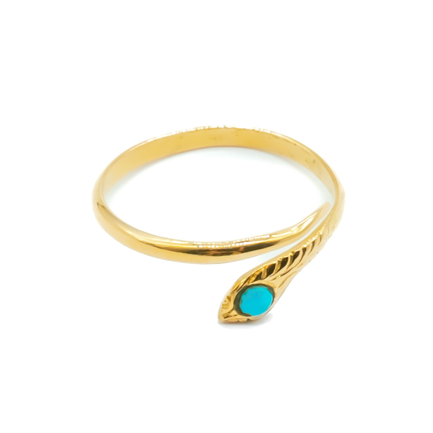 Delicate vintage 18ct gold snake ring with an engraved head, set with a cabochon turquoise stone. Italy.