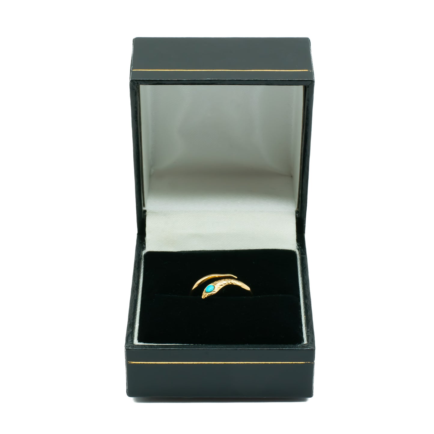 Delicate vintage 18ct gold snake ring with an engraved head, set with a cabochon turquoise stone. Italy.