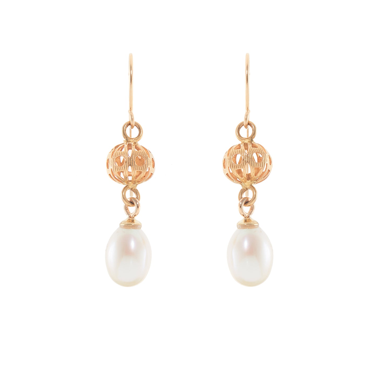 Vintage 18ct yellow gold dangling earrings, each set with a lustrous pearl drop.