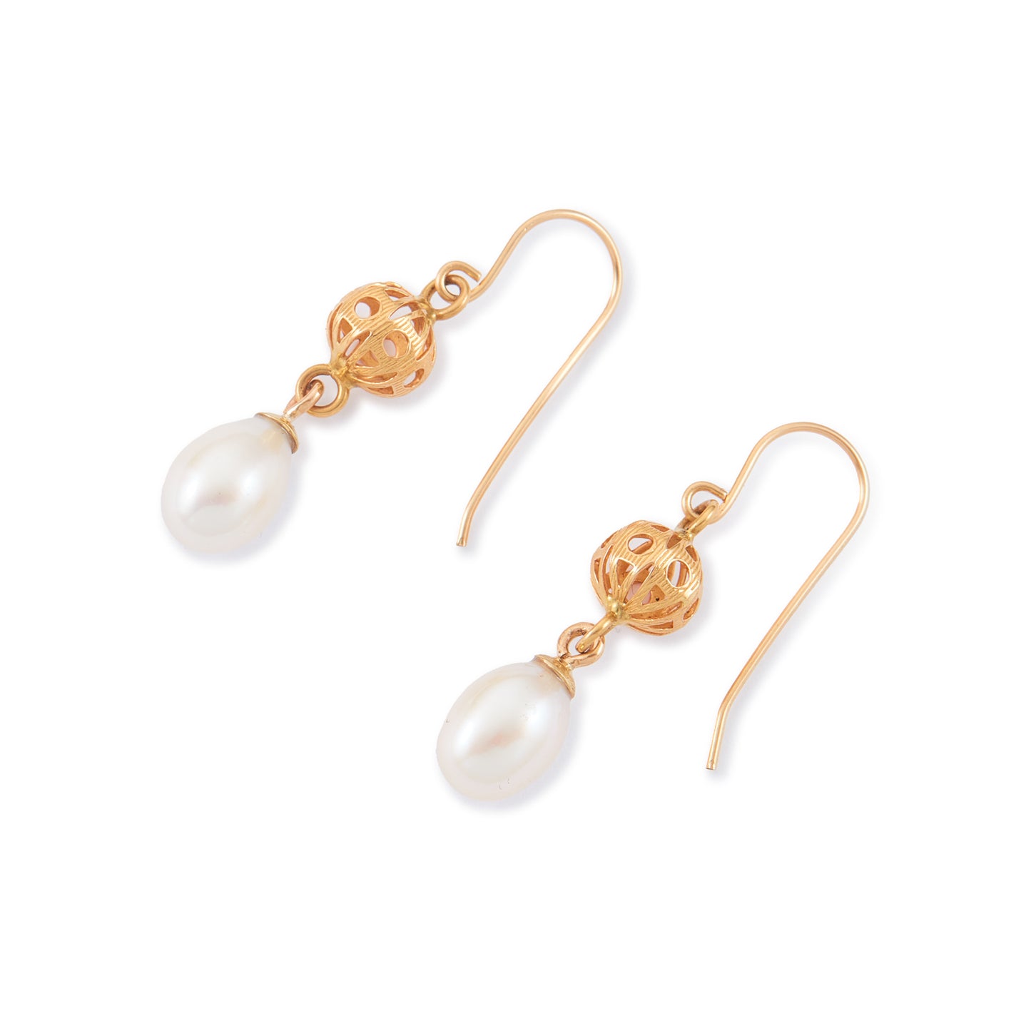 Vintage 18ct yellow gold dangling earrings, each set with a lustrous pearl drop.