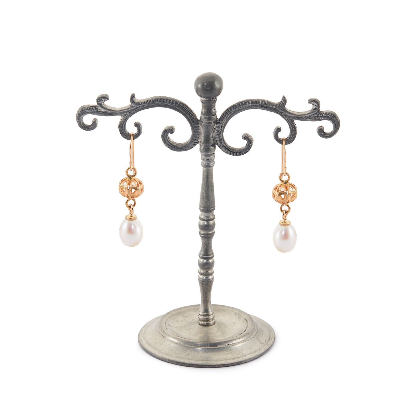 Vintage 18ct yellow gold dangling earrings, each set with a lustrous pearl drop.