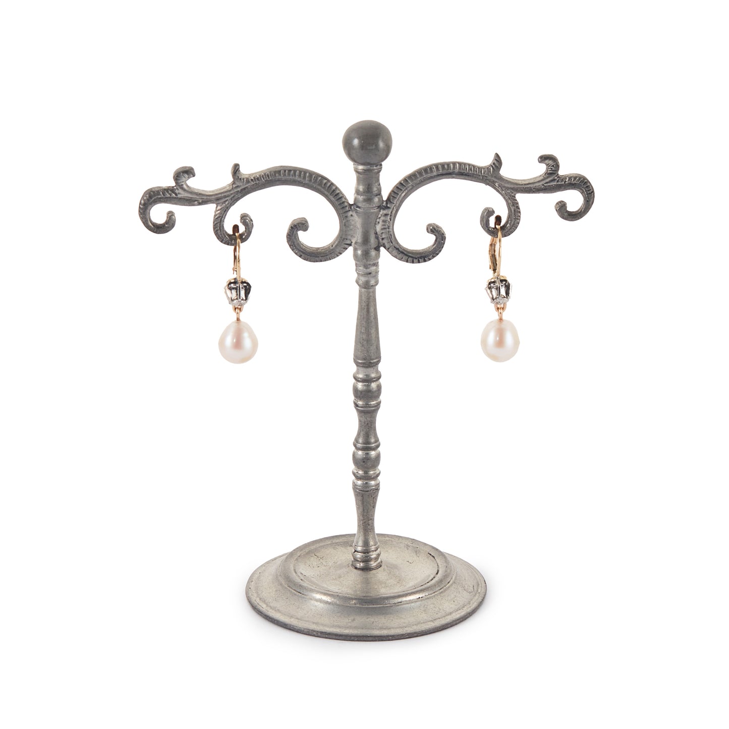 Lovely 18ct gold earrings, each with an old-European-cut diamond in a silver setting, and a dangling pearl drop.