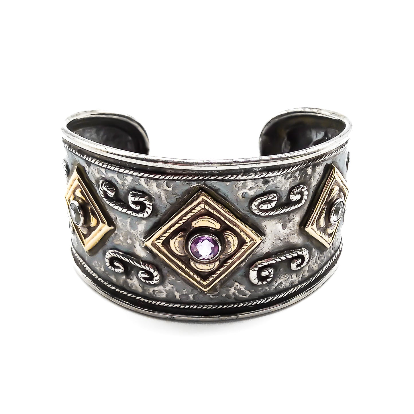 Unique 18ct gold and oxidised silver handmade cuff bangle set with an amethyst and two aquamarines. Italy