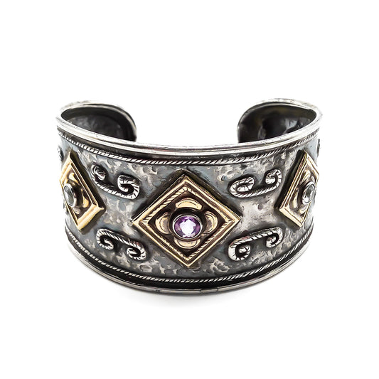 Unique 18ct gold and oxidised silver handmade cuff bangle set with an amethyst and two aquamarines. Italy
