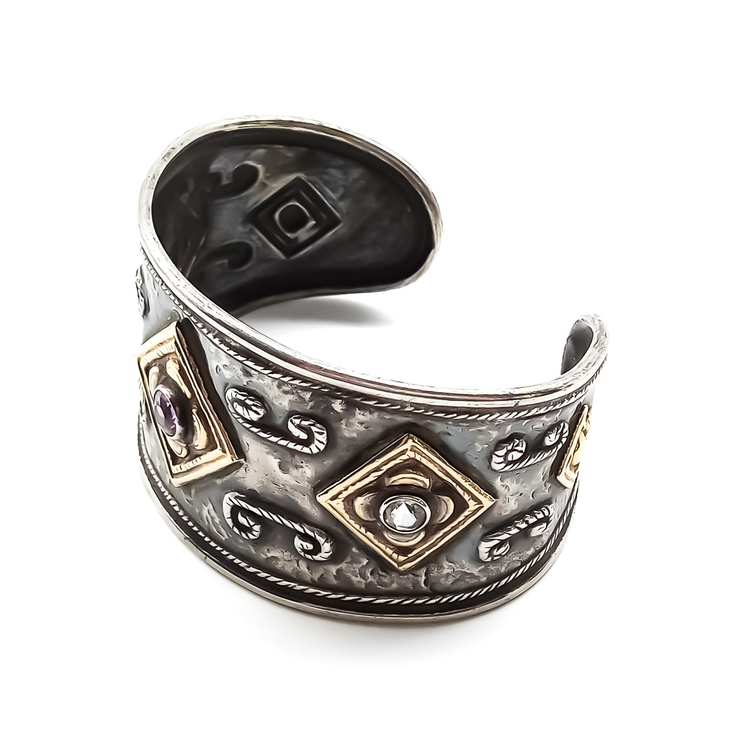Unique 18ct gold and oxidised silver handmade cuff bangle set with an amethyst and two aquamarines. Italy