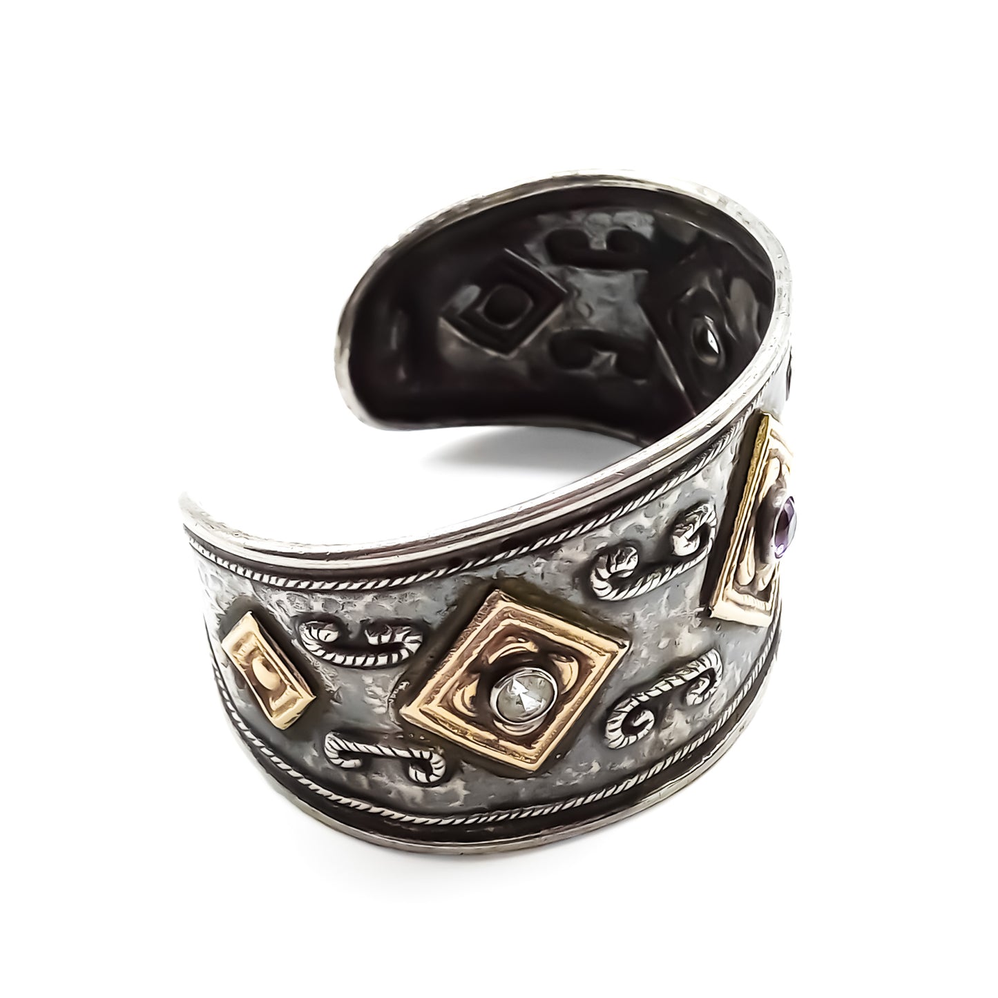 Unique 18ct gold and oxidised silver handmade cuff bangle set with an amethyst and two aquamarines. Italy