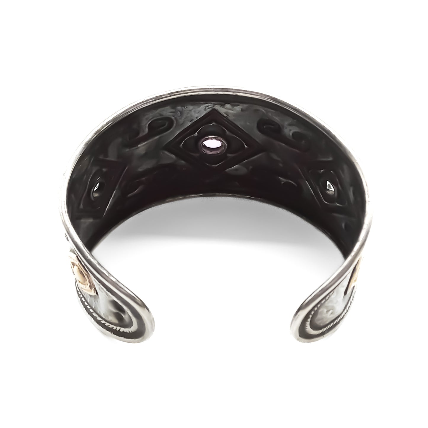 Unique 18ct gold and oxidised silver handmade cuff bangle set with an amethyst and two aquamarines. Italy