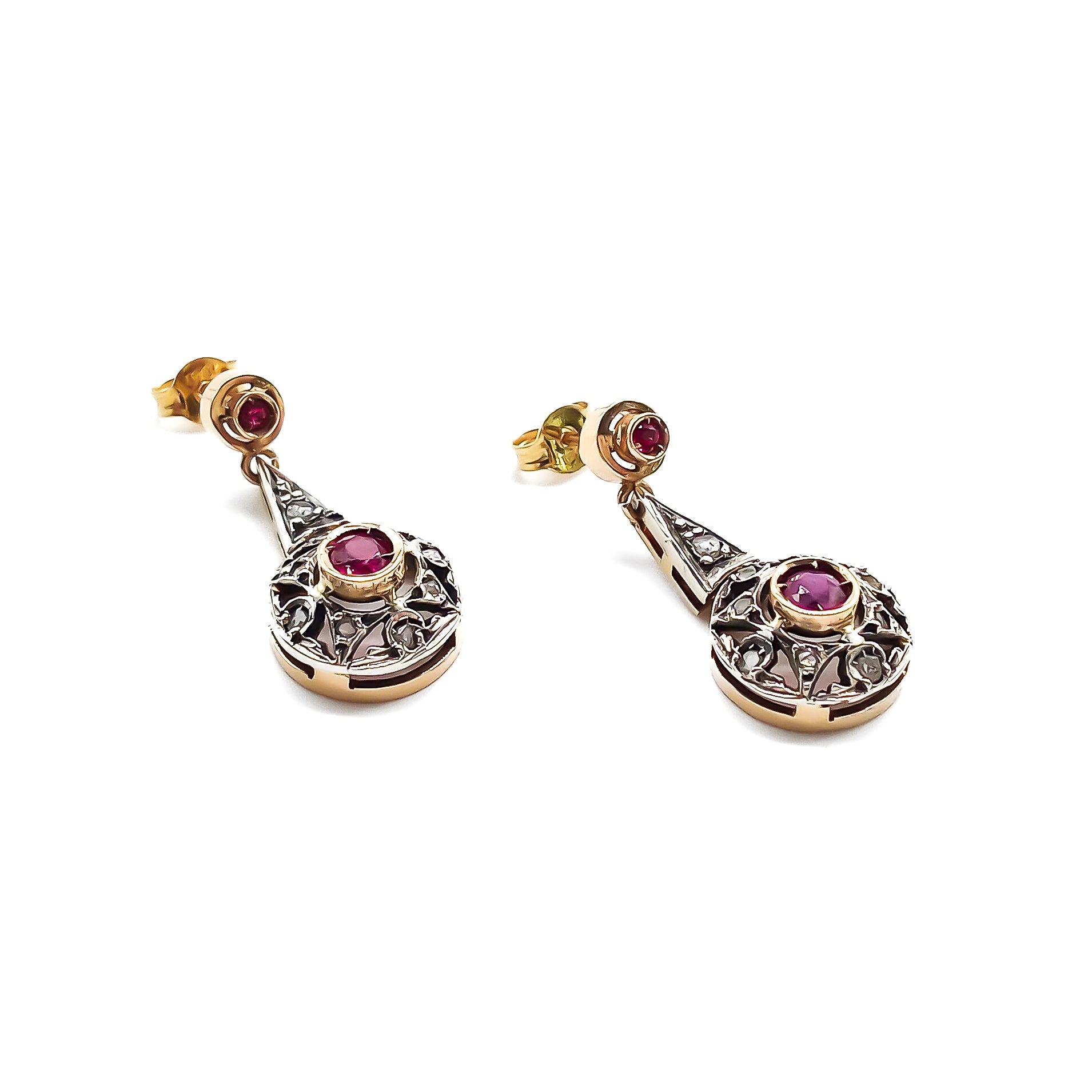 Gorgeous 18ct Gold and Silver earrings, each set with two faceted rubies and diamond chips. Italy