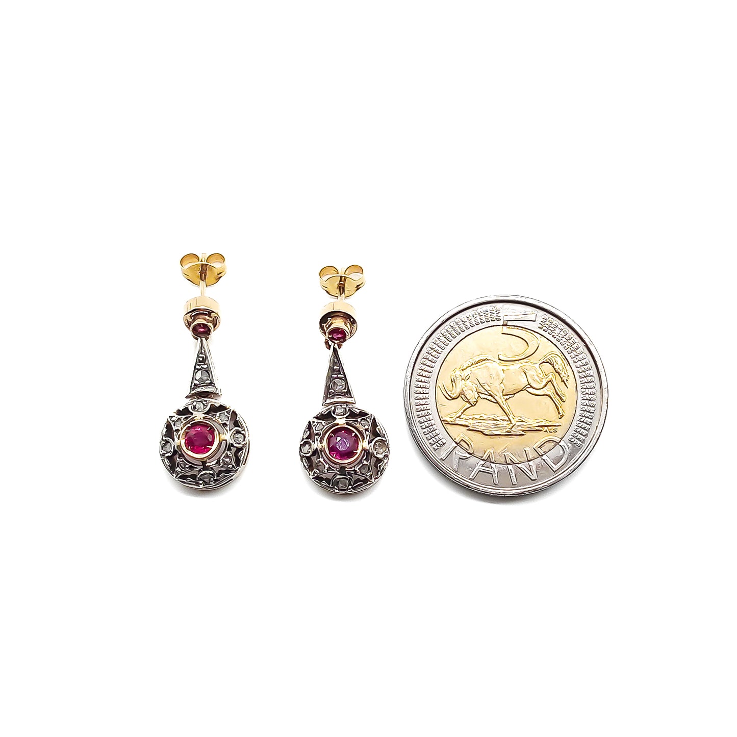 Gorgeous 18ct Gold and Silver earrings, each set with two faceted rubies and diamond chips. Italy