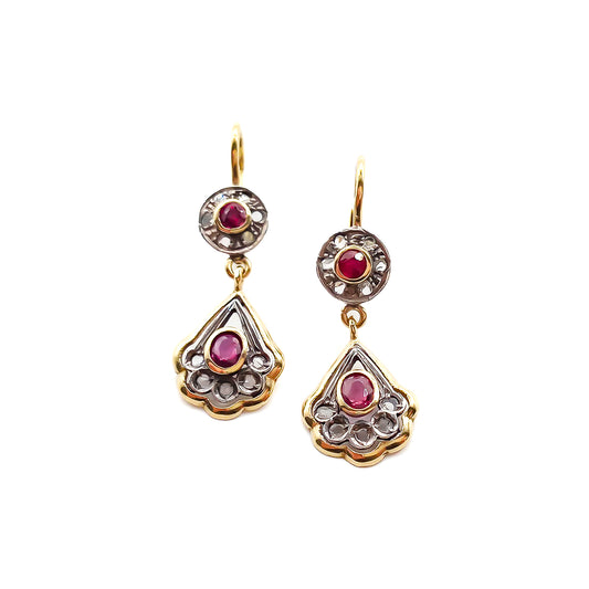 Dainty 18ct yellow gold and silver earrings, each set with two faceted rubies and eleven mine-cut diamond chips. Italy
