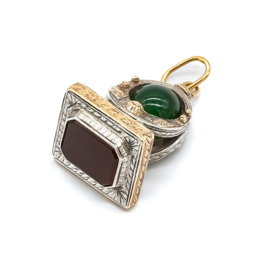 Very ornate 18ct gold and silver Victorian fob pendant set with a carnelian disc and a jade bead. Lovely engraving. Italy