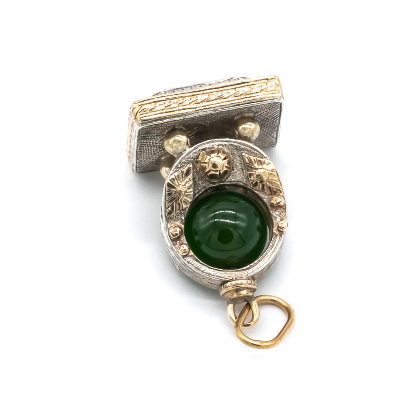 Very ornate 18ct gold and silver Victorian fob pendant set with a carnelian disc and a jade bead. Lovely engraving. Italy