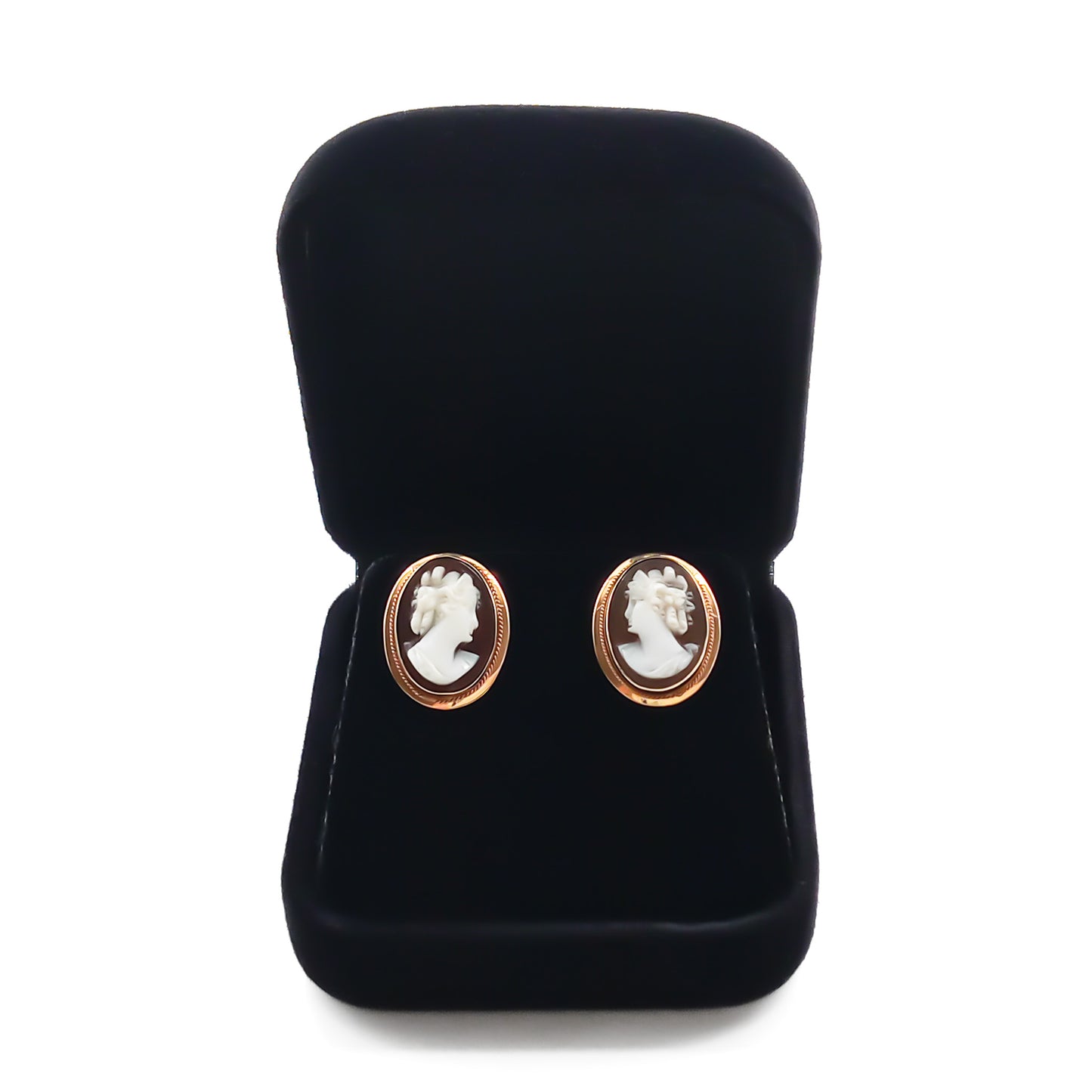 Classic 18ct rose gold stud earrings set with beautifully carved cameos.