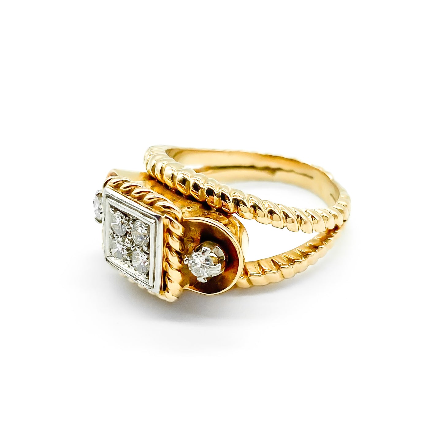 Glamorous 18ct rose gold and platinum 1940’s cocktail ring set with six diamonds. Argentina