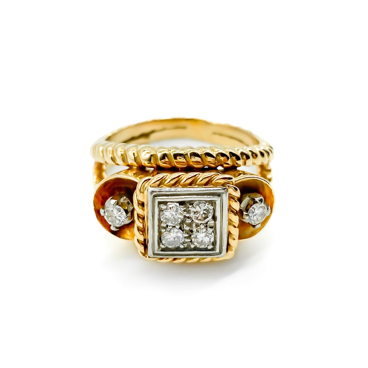Glamorous 18ct rose gold and platinum 1940’s cocktail ring set with six diamonds. Argentina