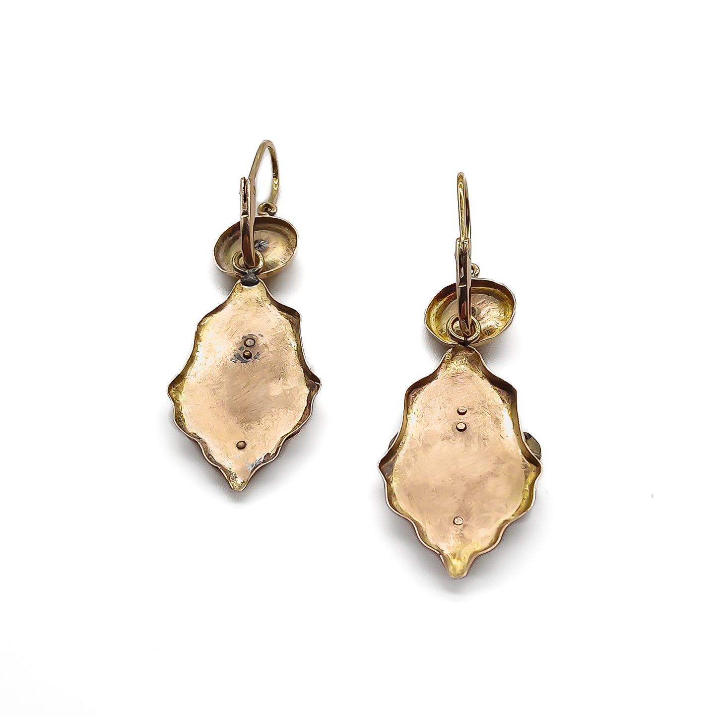 Stunning antique 18ct rose gold drop earrings, each set with two cabochon emeralds and four seed pearls in a floral design. Italy