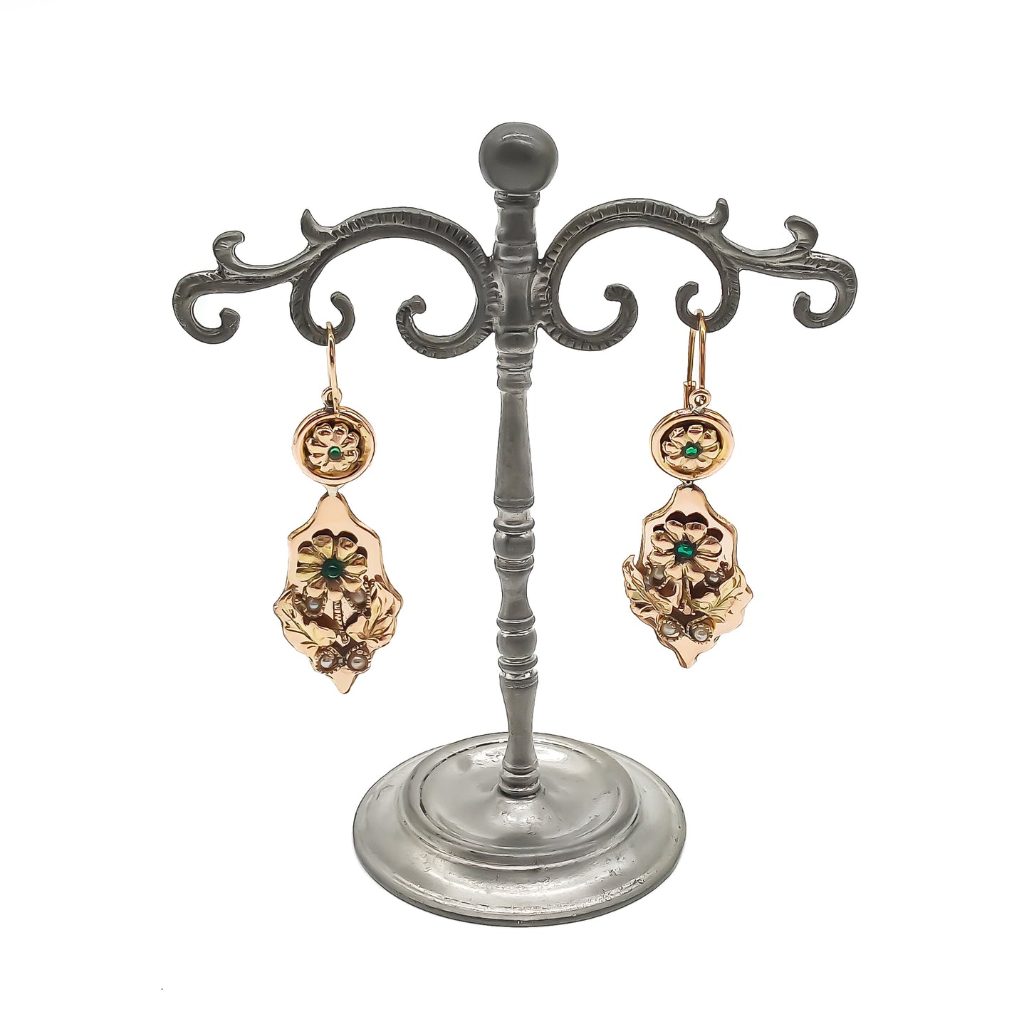 Stunning antique 18ct rose gold drop earrings, each set with two cabochon emeralds and four seed pearls in a floral design. Italy