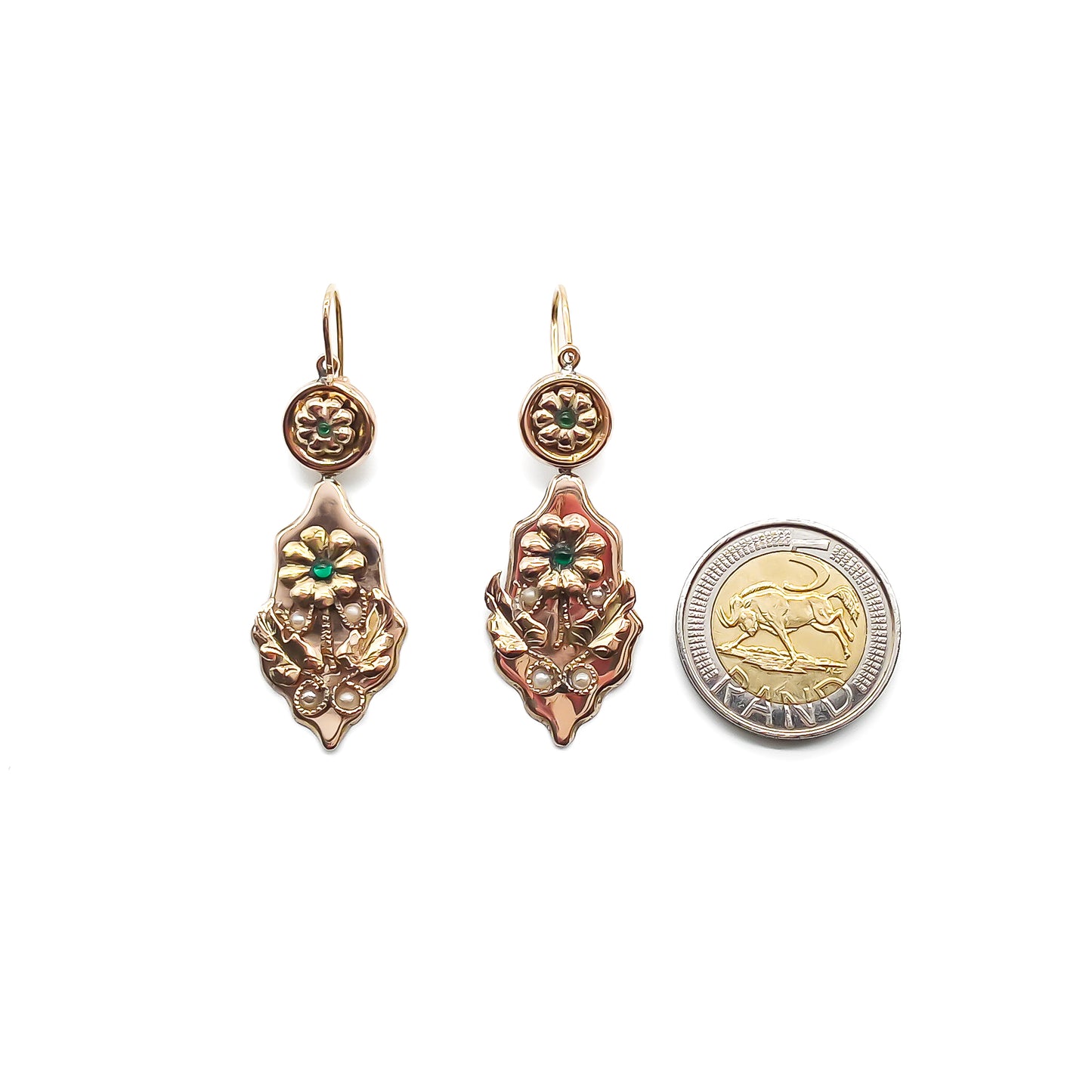 Stunning antique 18ct rose gold drop earrings, each set with two cabochon emeralds and four seed pearls in a floral design. Italy