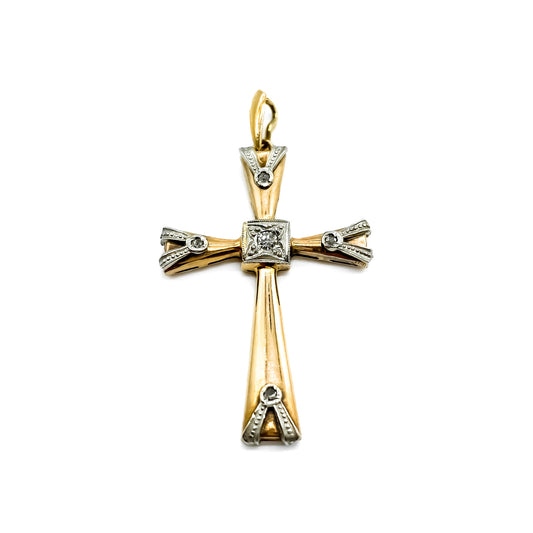 Pretty 18ct rose gold and platinum cross set with a small centre diamond and four diamond chips. Argentina Circa 1930’s
