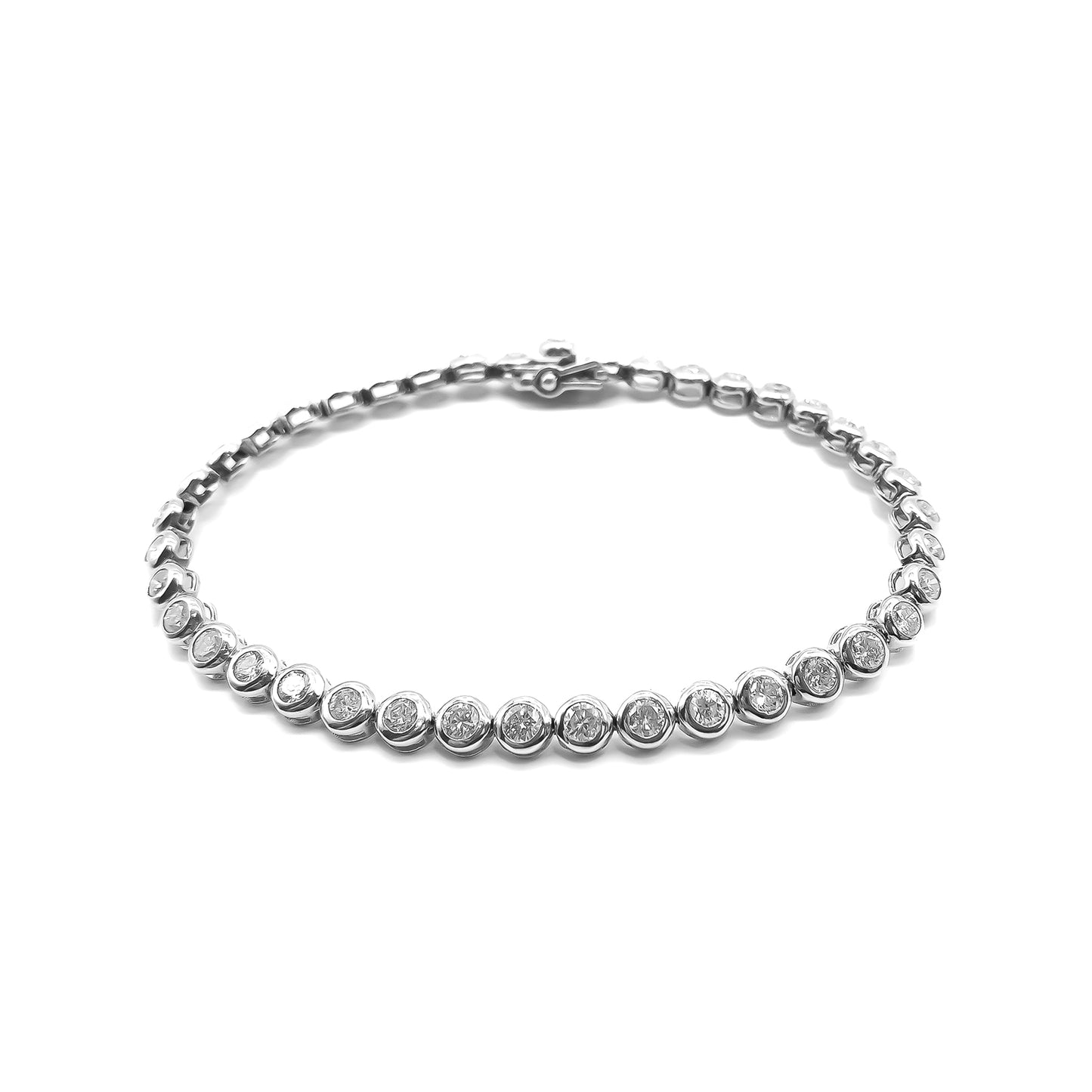 Exquisite tennis bracelet with forty sparkling diamonds, each set in an 18ct white gold tube setting. Bracelet has a safety clasp.