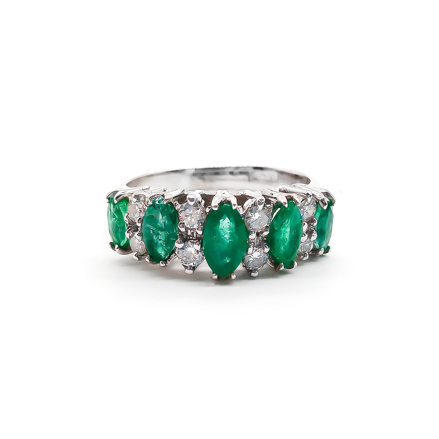 Stunning vintage 18ct white gold ring set with five marquise-cut emeralds and eight round diamonds.