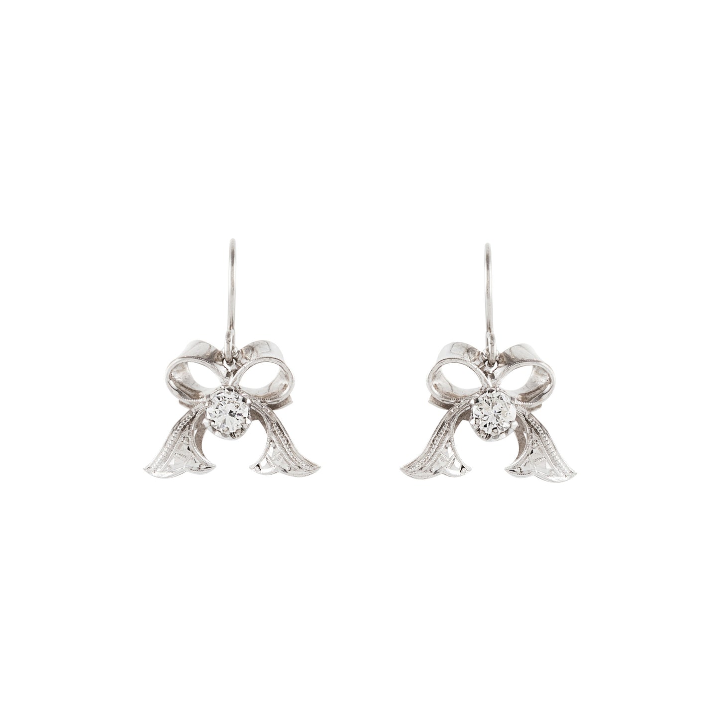 Beautiful pair of vintage 18ct white gold bow earrings, each set with a sparkling 0.40ct diamond.