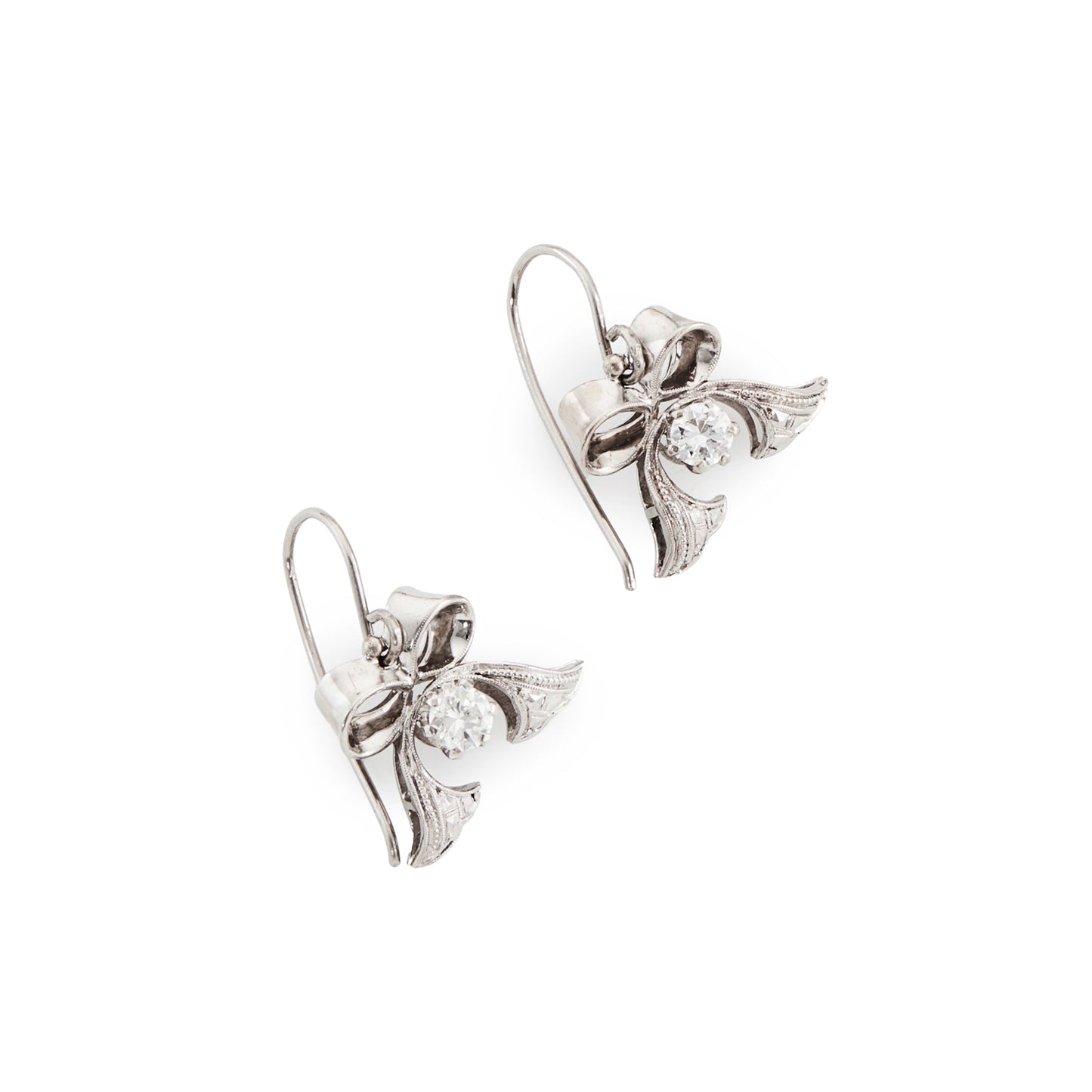 Beautiful pair of vintage 18ct white gold bow earrings, each set with a sparkling 0.40ct diamond.