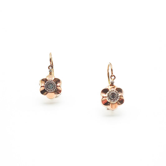 Delicate 19ct rose gold flower drop earrings, each set with a single small diamond in a silver tube setting. Portuguese