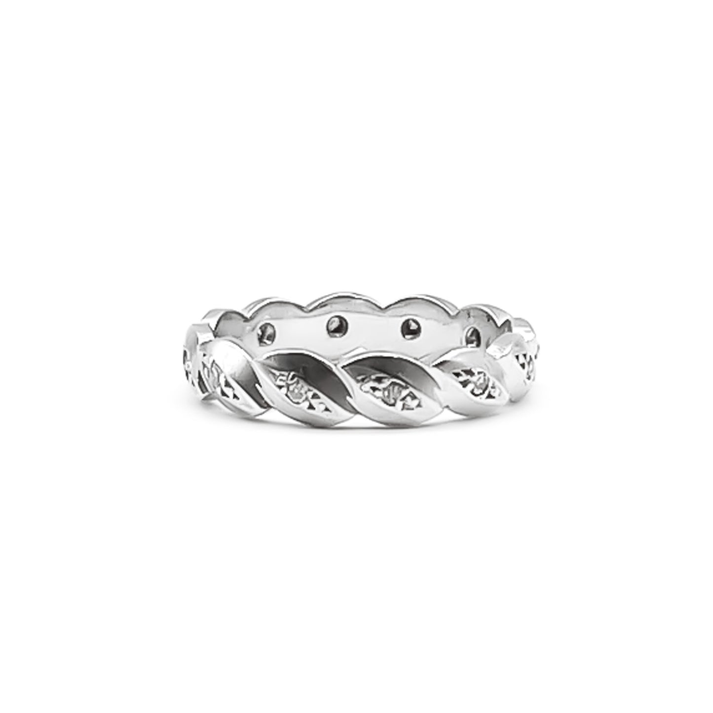 Dainty 18ct white gold eternity ring set with twelve small diamonds.