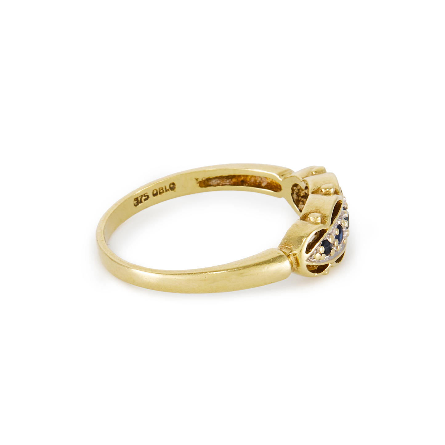 Classic vintage 9ct yellow gold ring, with five faceted sapphires in a white gold setting. Oblo