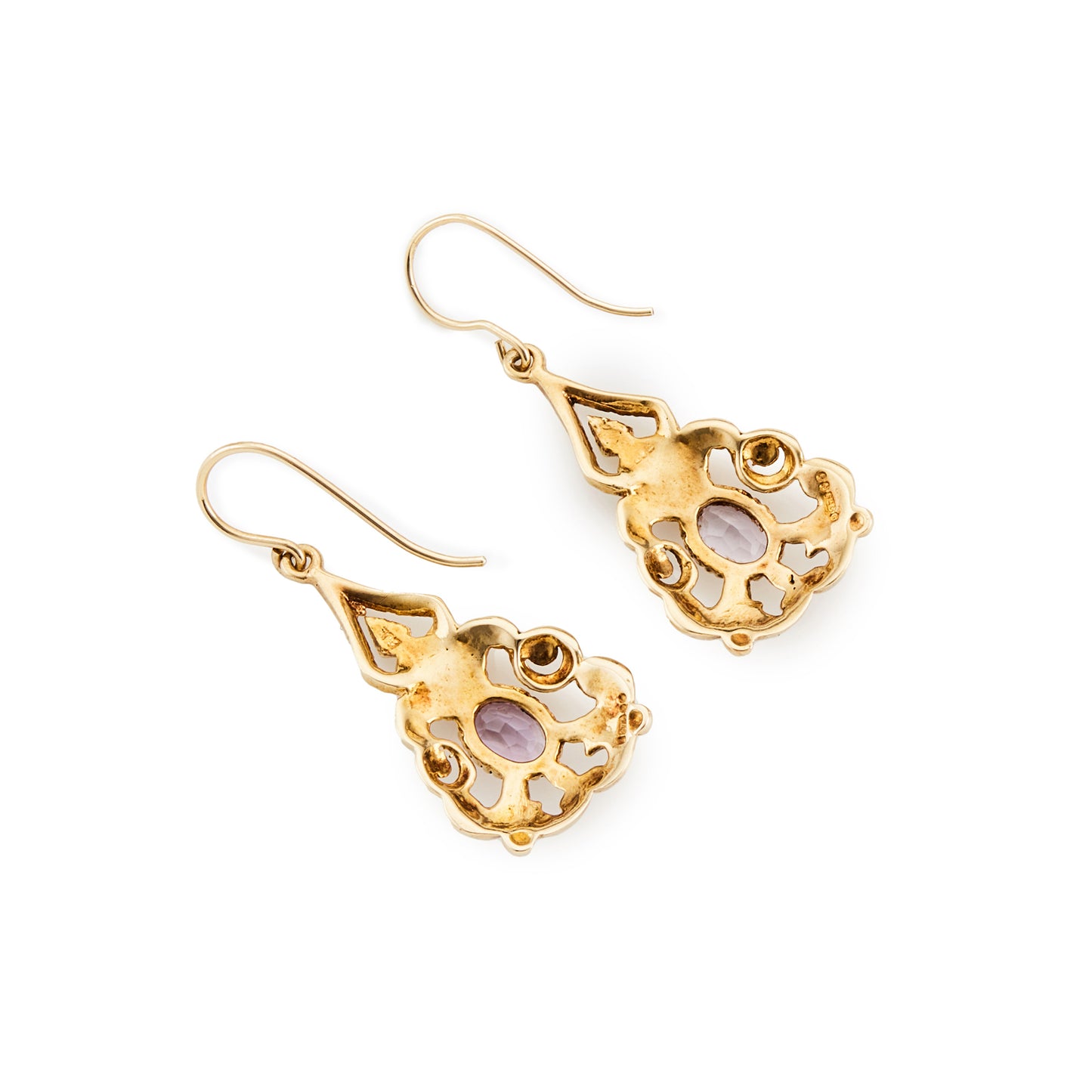 Lovely 9ct yellow gold ornate drop earrings, each set with a light-purple faceted oval amethyst. Circa 1940’s