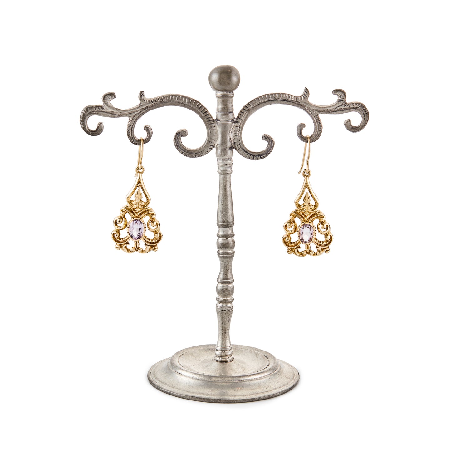 Lovely 9ct yellow gold ornate drop earrings, each set with a light-purple faceted oval amethyst. Circa 1940’s